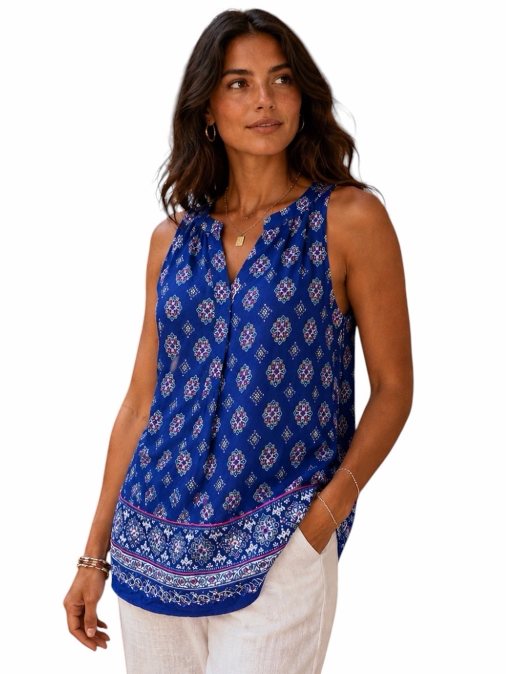 Artisan NY Medium Blue Sleeveless V-neck Boho Blouse Resortwear Modest
